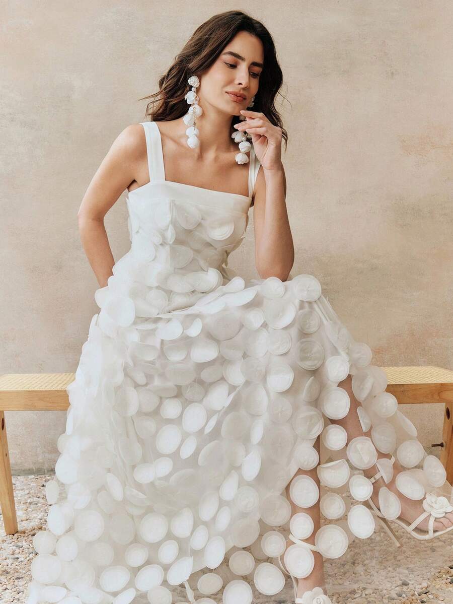 Anewsta 女士纯色圆形贴布装饰优雅吊带连衣裙 - 白色 - 查看 1