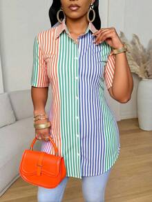 Xyvia Áo sơ mi ngắn tay kẻ sọc nhiều màu dành cho nữ - Nhiều màu - Xem 5