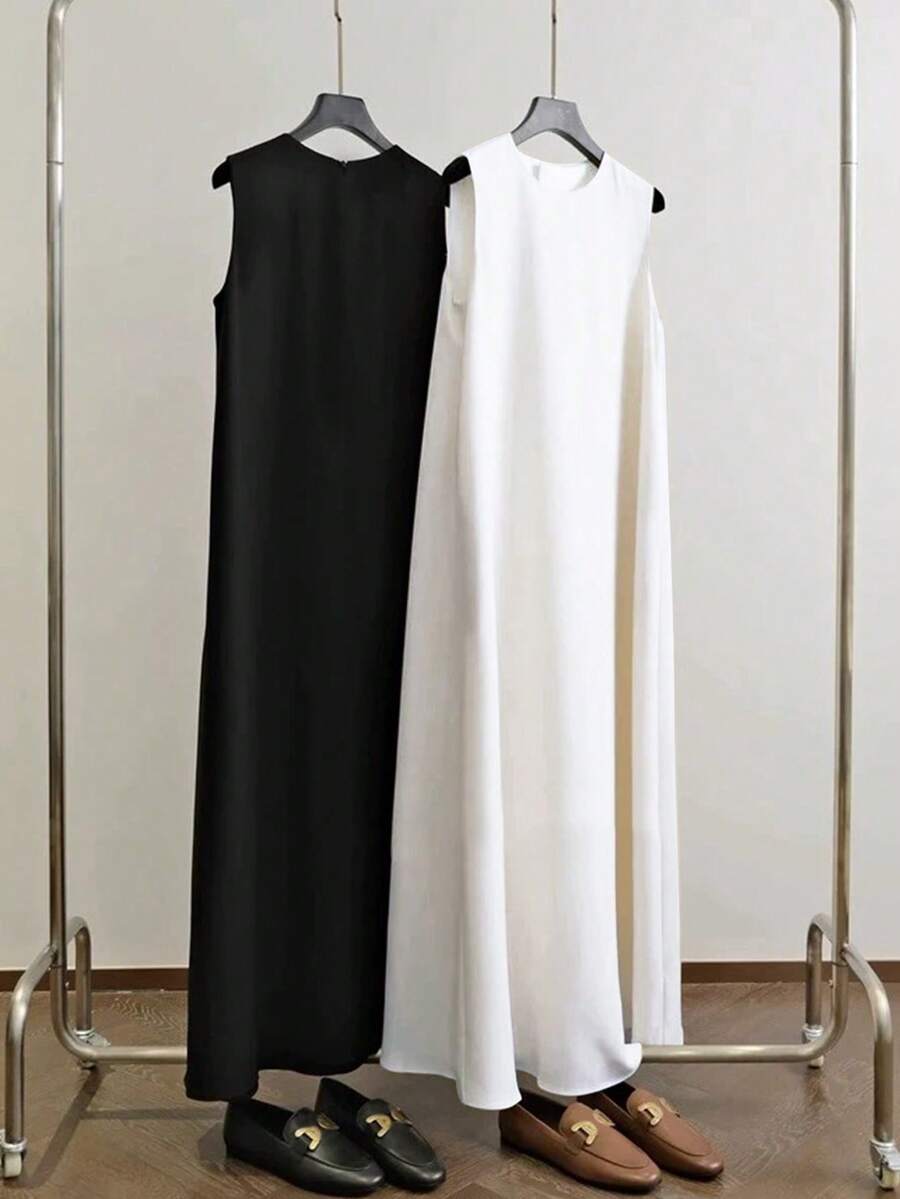 Al Najma Women's Solid Color Minimalist Casual Crew Neck Sleeveless Arabic Style Dress, 2pcs/Set, Under Abaya Inner Dress, Maxi Tank Dress, Essential Basic Long Dress - Black and White - View 1