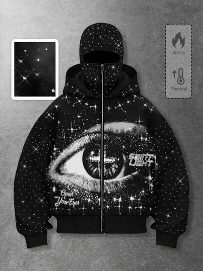 Street Life Felpa con cappuccio e chiusura lampo, stile punk da strada, con stampa grafica e decorazioni in strass, adatta per autunno/inverno, manica lunga