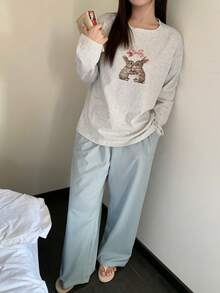 Dazy Plus 大码女式可爱卡通印花宽松套头衫长裤睡衣套装，春秋季 - 淺灰色 - 查看 2
