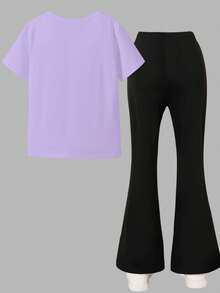 Tween Girl K-Pop Graphic Print Casual Comfortable Round Neck Short Sleeve T-Shirt & Black Flare Pants Set, Relaxed & Fashionable, Suitable For All Seasons, Daily Wear, Outdoor Activities - Multicolor - View 2