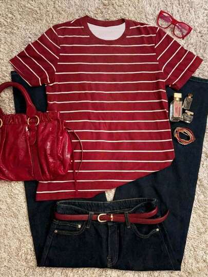 Attitoon 休闲简约圆领撞色复古运动条纹印花浪漫风短袖宽松女式T恤，适合外出、情侣装、街头风、时尚、Y2K风、海滩、派对、婚礼、生日、度假等场合。