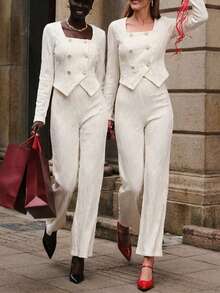 Amorya 女士优雅新款针织提花收腰上衣和裤子两件套 情人节套装 女士优雅裤装套装 女士两件套服装 女士裤装两件套 奶油色两件套 春假服装 奶油色上衣 奶油色套装 女士白色开衫 开衫嘉年华服装 女士适合春夏嘉年华的白色套装 女士两件套休闲套装 女士裤装夏季套装 婚礼裤装 - 杏色 - 查看 10