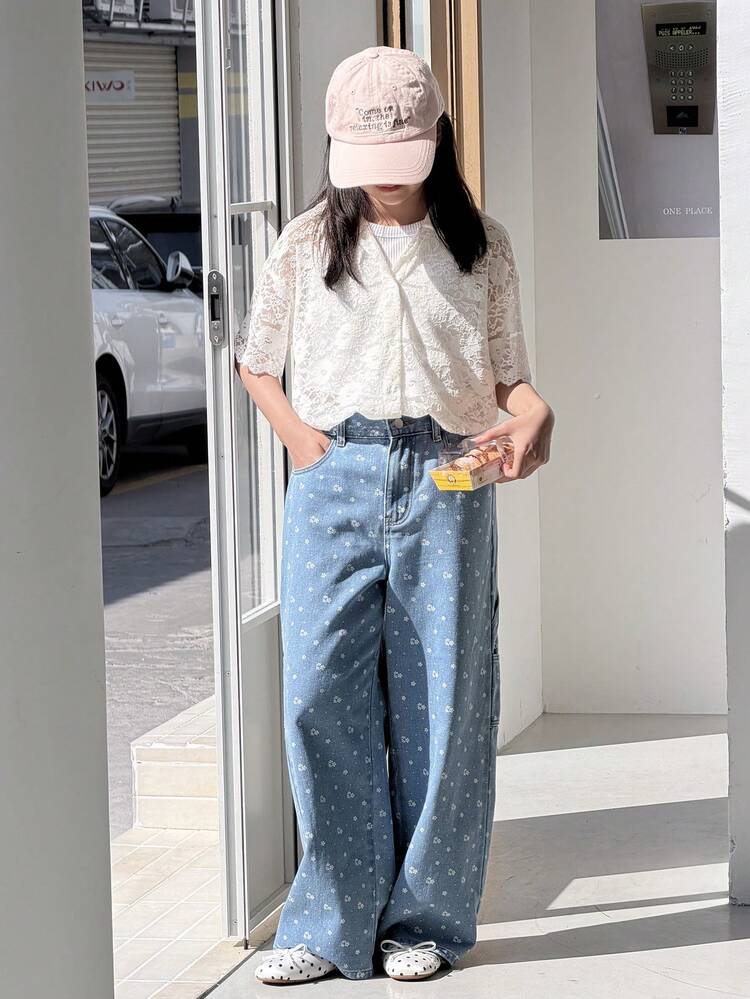 Tween Girls' Ditsy Floral Pocket Loose Wide Leg Casual Jeans