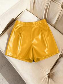 SHEIN Franclia Women's Casual Fashion PU Leather Solid Color Button Fly Flap Pocket Shorts - Yellow - View 2