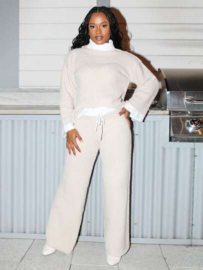 Steph T Women's Contrast Color Trim Knot Casual Sweater Pants,  Cozy Fall Layer,Women's Winter Sweater,Vintage Knitwear, Neutral Knit Pants,Oversized  Sweater ,Soft Knit ,Casual Sweater,Casual Outfit For Women,New Year Outfit ,Elegant Women,Fall/Winter