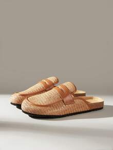 Solecia Women's New Slip-On Half-Coverage Sandals Made Of PP Woven Material, Comfortable And Casual Flat Shoes, Suitable For Going Out, Shopping, And Commuting. - Rust Brown - View 2