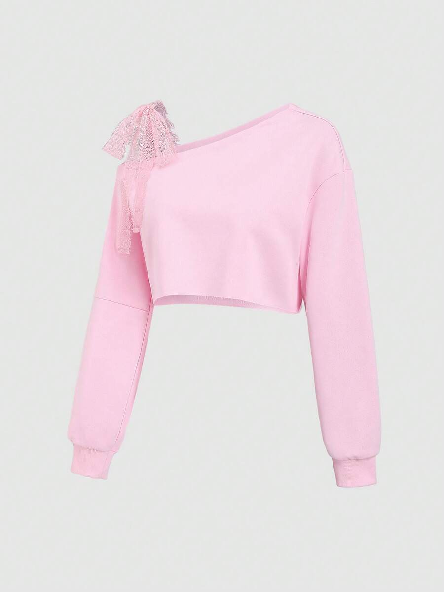 Sweetra 休闲可爱甜美温柔学院风蕾丝蝴蝶结宽松长袖露肩露腰粉色套头卫衣，适合春秋冬季穿着。 - 粉色 - 查看 1