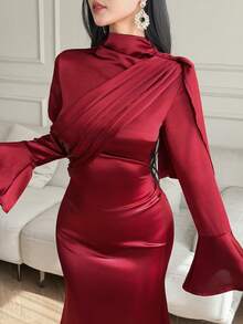 DAZY Vestido longo elegante de cetim para primavera/verão, ideal para festas, casamentos e banquetes formais. Corte justo e perfeito para o dia a dia. Disponível na cor vermelha. - Vermelho - Ver 5