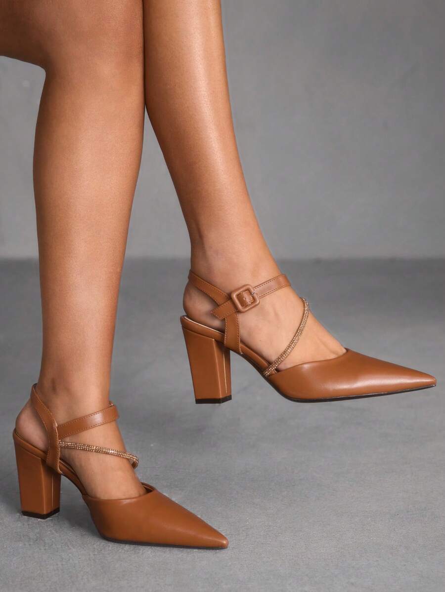 CUCCOO SZL Women's Pointed Toe Chunky Heel Ankle Strap Rhinestone Embellished Pumps, Brown, Classic Elegant Fashion Versatile Slip-On Mule Heels - Brown - View 1