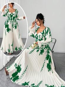 SHEIN Elenzya 大尺碼女款白色夏季優雅飄逸婚禮賓客綠色定位印花水鑽領長袖非洲風長洋裝度假穿搭 - 綠色 - 查看 1