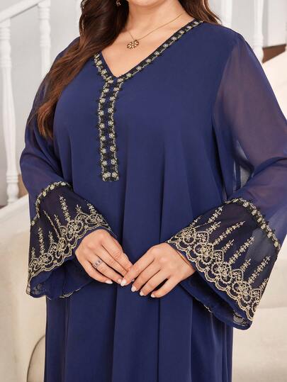 Al Najma Plus Size Women V-Neck Long Sleeve Loose Chiffon Elegant Luxurious Arabic Dress