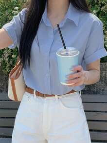 DAZY Casual Commuting Minimalist Blue Elegant Slimming Shirt For Women - Blue - View 5