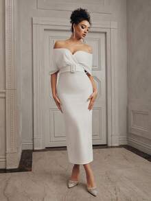 Anewsta فستان ضيق مناسب للخصر بياقة على الكتف وياقة على شكل حرف V للنساء - أبيض - مشاهدة 8