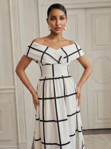 Anewsta Elegant Party Waist Twist Off Shoulder Design Cold-Shoulder Round Hem Plaid Print Dress For Women - Black and White - View 4