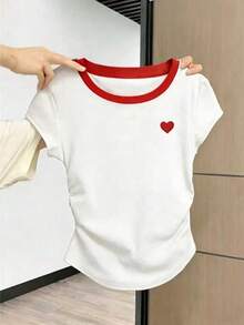 Resyla Heart Embroidery Contrast Trim Round Neck Casual Short Sleeve T-Shirt - White - View 4