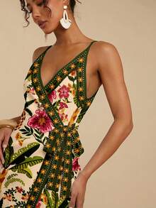 Travachic 休闲简约度假波西米亚风优雅浪漫复古热带植物水果印花图案吊带系带下摆女式迷你连衣裙，适合春夏穿着，舒适百搭 - 白色 - 查看 6