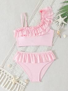 SHEIN Tween Girls Bikini Sets, Blue & White Striped Cute Ruffled Asymmetric Shoulder Adjustable Strap Ruffled Trim Triangle Swimsuit 2-Piece Swimwear Set - Pink - View 3