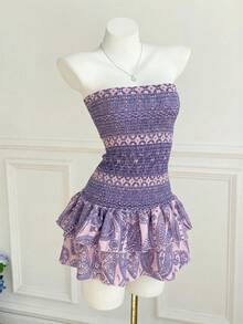 Elamini Đầm ngắn cúp ngực họa tiết Paisley, thích hợp cho kỳ nghỉ thường ngày. - Màu tím  Violet - Xem 3