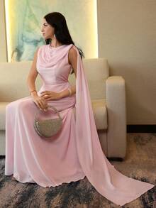 Modelyn 女士纯色缎带设计优雅收腰长裙，适合派对和活动 - 粉色 - 查看 1