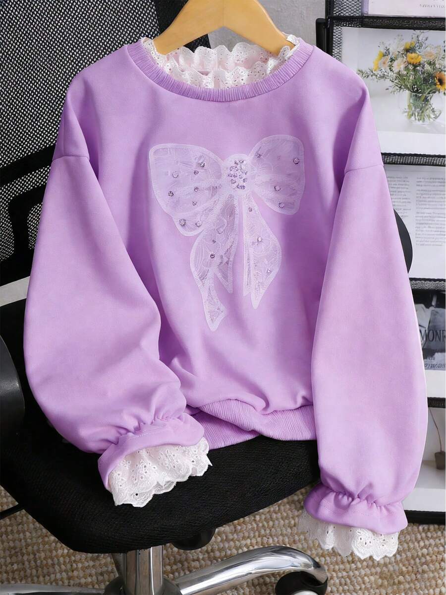 SHEIN Genkimix Kids Girls' Casual Korean Style Lace Patchwork Embroidered Collar Flared Lace Cuff Sweatshirt, Suitable For Outings, School, And Commuting - Violet Purple - View 1