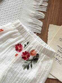 SHEIN Baby Girls' Tank Top 2-Piece Set,Cream White Cute Countryside Style Floral Embroidery Pattern Outfit For Summer Vacation Spring Outings - Apricot - View 7