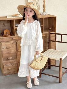 DAZY Tween Girl Floral Embroidery Round Neck Single-Breasted Lantern Sleeve Shirt And Wide Leg Pants Casual Outfit - Apricot - View 4