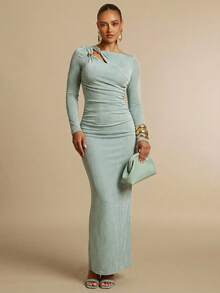 Silquee 酒红色不对称镂空领口弹力修身褶皱连衣裙，饰有金色装饰纽扣，适合浪漫约会、婚礼派对、情人节等场合。 - 薄荷綠 - 查看 7