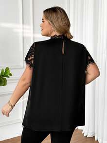 SHEIN CURVE+ 大码优雅蕾丝拼接雪纺衬衫 - 黑色 - 查看 3