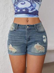 SHEIN ICON 女士夏季时尚做旧牛仔短裤，带斜插口袋和卷边裤脚 - 中等水洗藍 - 查看 3