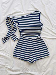 Soleia Vacation Sexy Asymmetrical Shoulder Tie Strap Flowy Fitted Light Yellow Women's Jumpsuit, Suitable For Party, Vacation, Music Festival, Boho, Holiday Date, Afternoon Tea - Multicolor - View 2