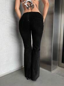 SHEIN Unity Quần jeans ống loe phong cách retro vintage dành cho nữ cỡ lớn, kiểu dáng đường phố sành điệu, màu xanh đậm. - màu đen - Xem 2