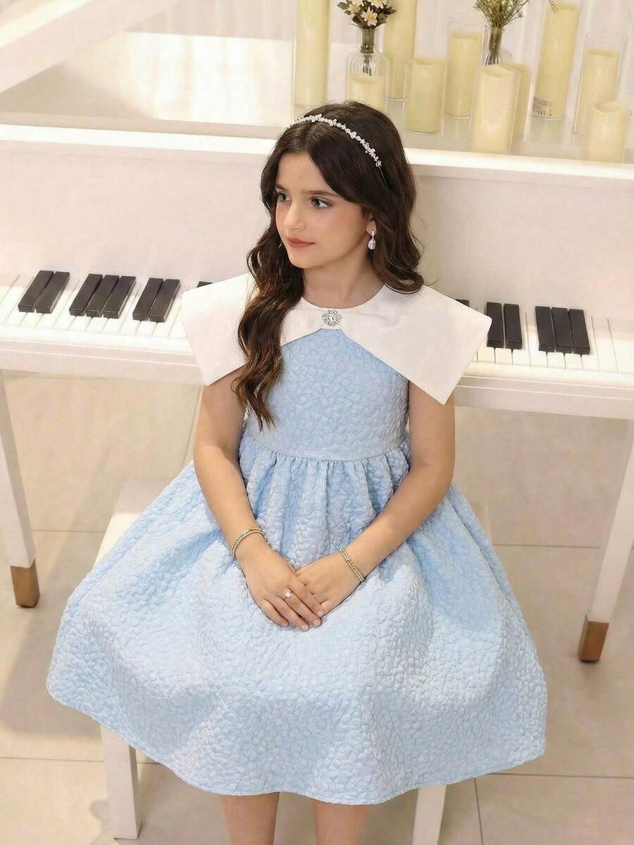 SHEIN Tween Girl Light Blue Summer Elegant Party Prom Dress, Jacquard Contrast Peter Pan Collar Rhinestone Decor Cinched Waist Sleeveless Wedding Birthday Outfit - Blue and White - View 1