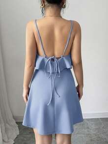 Elenzga Women's Sexy Backless Tie-Knot Ruffle Waist Camisole Dress, Suitable For Summer Vacation And Dates - Baby Blue - View 2
