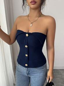 Elenzga Women's Fashionable & Elegant Button Decor Camisole Top, Summer - Navy Blue - View 4