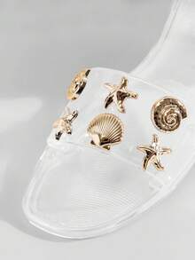 Solezae Sandalias planas de gelatina con adorno de concha marina y estrella de mar, de punta cuadrada para mujer - transparente - Ver 5