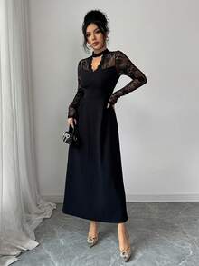 SHEIN Raffinéa 女士性感镂空蕾丝V领连衣裙 - 黑色 - 查看 4