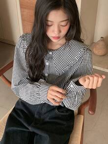 DAZY 少女格子长袖单排扣宽松可爱衬衫 - 黑色 - 查看 6