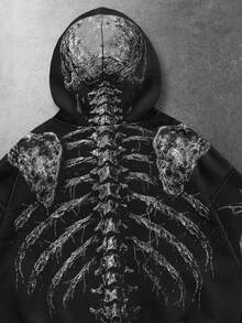 ROMWE MEN 男士休闲骷髅印花连帽衫，宽松版型 - 黑色 - 查看 4