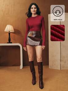 Anewsta Fine Merino Wool Turtleneck Comfortable Ribbed Elastic Knit Sweater - Red - View 1