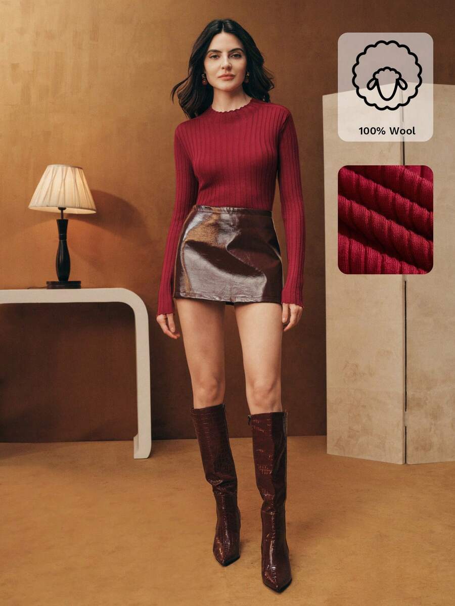 Anewsta Fine Merino Wool Turtleneck Comfortable Ribbed Elastic Knit Sweater - Red - View 1