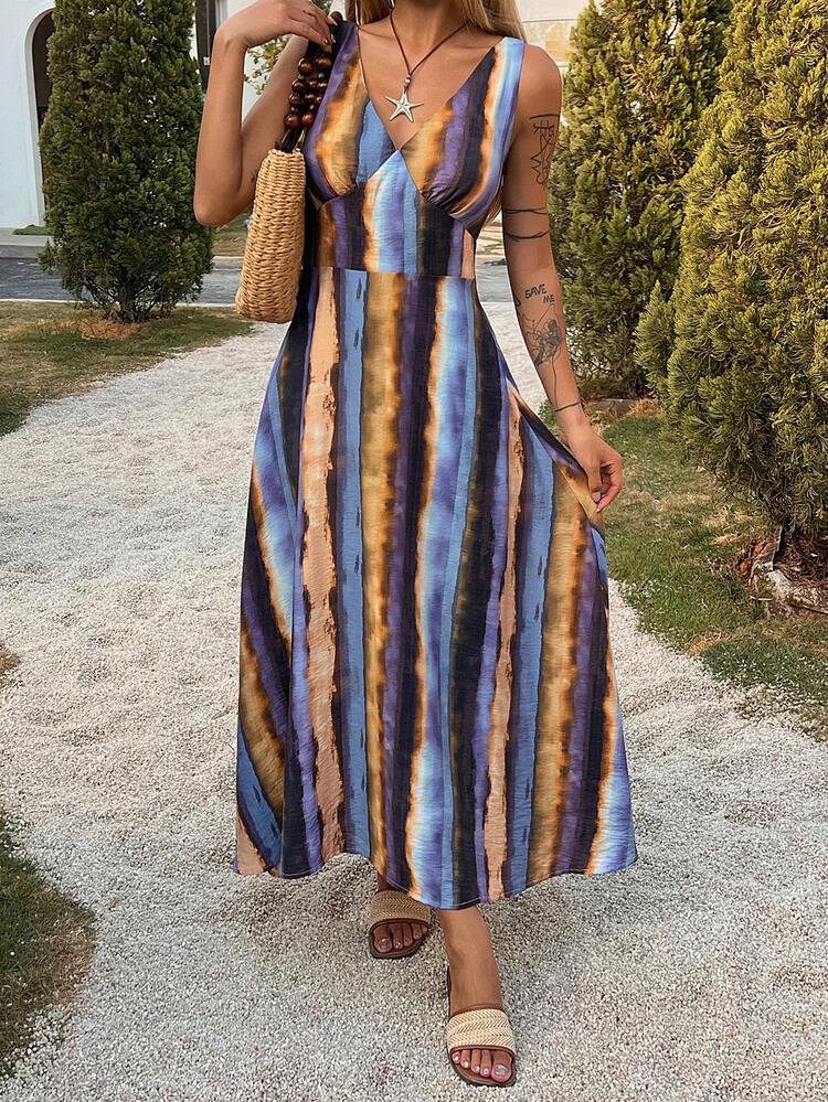 Women's Tie-Dye Print V-Neck Casual Vacation Sleeveless Dress Cruise Outfit For Women Sundress