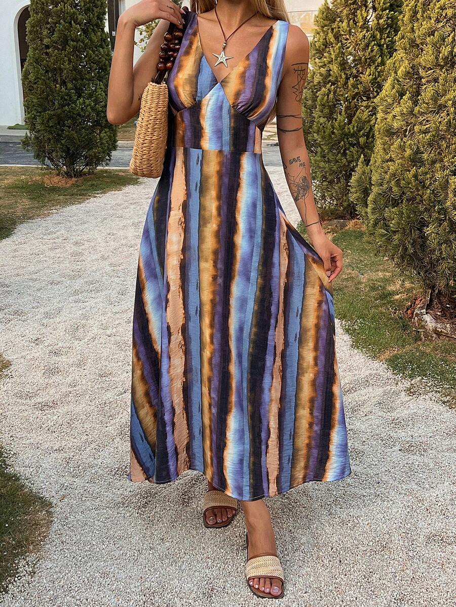 DAZY Women's Tie-Dye Print V-Neck Casual Vacation Sleeveless Dress - Purple - View 1