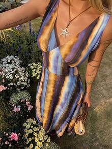 DAZY Women's Tie-Dye Print V-Neck Casual Vacation Sleeveless Dress - Purple - View 6