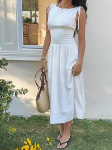 SHEIN EZwear Summer Dress White Woven Casual Vacation Cinched Waist Dress White Long Dress Boho White Dress - White - View 4
