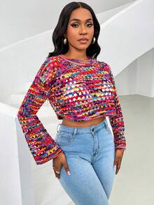 Chiquease 印花镂空薄纱圆领长袖短款毛衣 - 彩色 - 查看 4