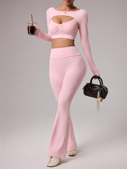 Dewbera 3pcs Women's Sports Suit Set, Including Long Sleeve Cropped Round Neck Workout Top, Adjustable Straps Sports Bra With Removable Pads, And Flared Tight Fit Yoga Pants, Suitable For Daily Casual Wear, Running, Yoga, Gym, Tennis, Golf