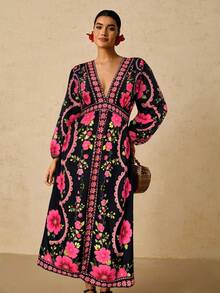 Travachic Plus Size Women's Black & Red Floral Print Maxi Dress, V-Neck Long Sleeve Long Dress, Autumn Dress - Pink - View 6