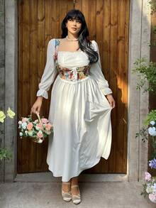 Flirla Đầm midi dáng rộng dành cho nữ, cổ vuông, chất liệu jacquard, phối màu tương phản, kiểu dáng vintage thanh lịch, màu mơ. - Màu be - Xem 4